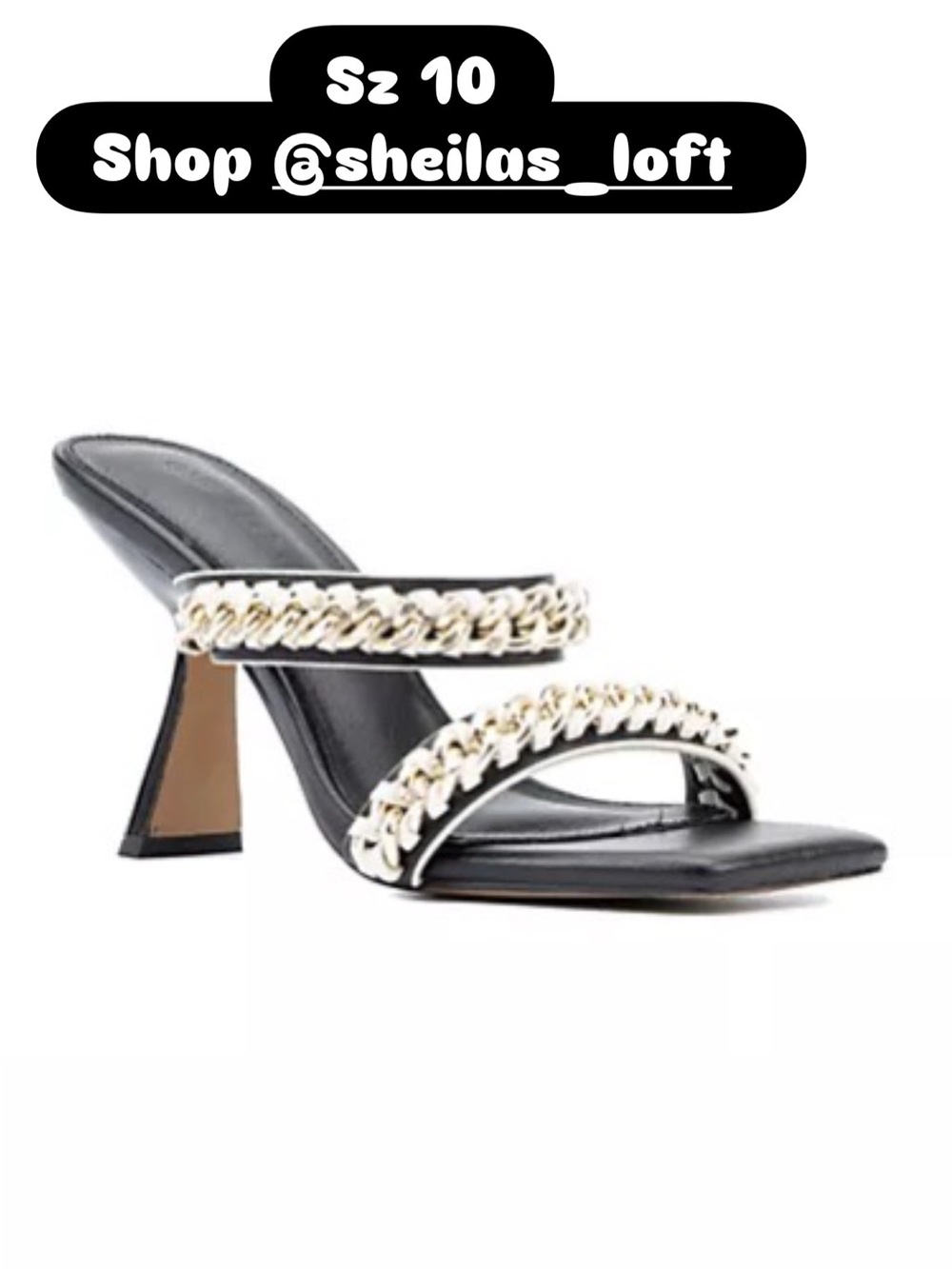 Black Chain-Trim Heeled Slide Mules